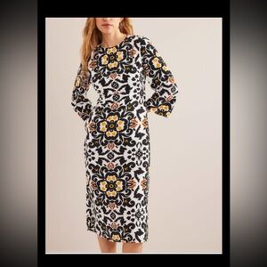 Boden Flare Sleeve Midi Cotton Dress Black Opulent Pome Size 18